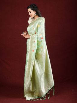 EXCLUSIVA - Sea Green Linen Zari Woven Work Saree with Unstitched Blouse