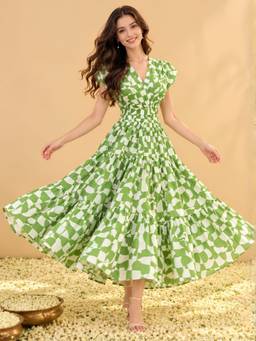 Sera - Green Pure Cotton Tiered Midi Dress