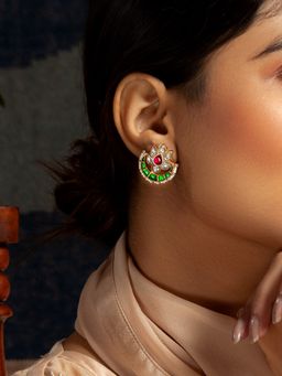 Neeta Boochra - 925 Sterling Silver 22K Gold Plated Green White & Red Kundan Stud Earrings