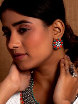 Neeta Boochra - 925 Sterling Silver Earrings with Pearl , Coral & Turquoise Gemstone