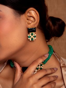 Neeta Boochra - 925 Sterling Silver 22K Gold Plated Black Carving Stone Earrings with Kundan