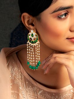 Neeta Boochra - 925 Sterling Silver 22K Gold Plated Green Onyx Pearl Earrings