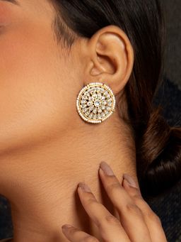 Neeta Boochra - 925 Sterling Silver 22K Gold Plated Kundan with Pearl Stud Earrings