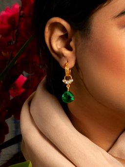 Neeta Boochra - 925 Sterling Silver 22K Gold Plated Green Onyx Gemstone Earrings with Kundan