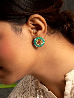Neeta Boochra - 925 Sterling Silver 22K Gold Plated Turquoise Stone Studs with Pink & White Kundan