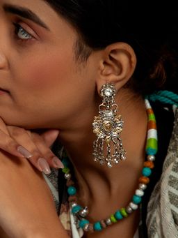Neeta Boochra - 925 Sterling Silver Two Tone 22K Gold Plated Kundan with Crystal Dangling Earrings