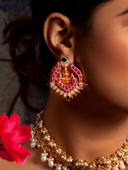 Neeta Boochra - 925 Sterling Silver 22K Gold Plated Pink Green & White Kundan Goddess Laxmi Earrings