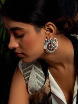 Neeta Boochra - 925 Sterling Silver Pink Green & White Kundan Drop Earrings with Cz Pearl