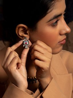 Neeta Boochra - 925 Sterling Silver Ruby Iolite Cz & Kundan Drop Earrings