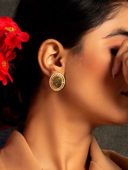 Neeta Boochra - 925 Sterling Silver 22K Gold Plated Green Carving Stone Stud Earrings with Cz