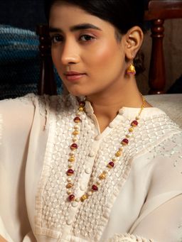 Neeta Boochra - 925 Sterling Silver 22K Gold Plated Ruby with Pearl Chain Necklace