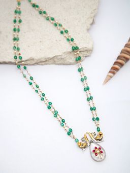 Neeta Boochra - 925 Sterling Silver Two Tone 22K Gold Plated Green Aventurine Pearl Beaded Necklace