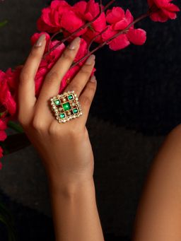 Neeta Boochra - 925 Sterling Silver 22K Gold Plated Green Onyx with Kundan Ring