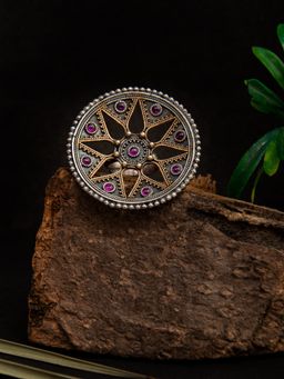 Neeta Boochra - 925 Sterling Silver Two Tone 22K Gold Plated Ring with Ruby