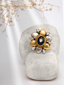 Neeta Boochra - 925 Sterling Silver Two Tone 22K Gold Plated Blue Lapis Ring with Kundan