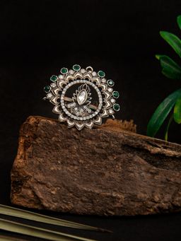 Neeta Boochra - 925 Sterling Silver Green Onyx Ring with Cz & Kundan