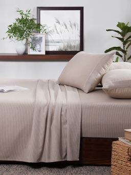 Maspar - Cotsmere Pin Stripe Beige Yarn Dyed Melange King Bed Sheet with Pillow Cover