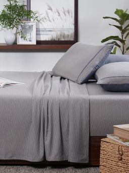 Maspar - Cotsmere Pin Stripe Classic Blue Yarn Dyed Melange King Bed Sheet with Pillow Cover