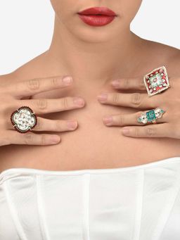 Zaveri Pearls - Set of 3 Multicolor Traditional Kundan Adjustable Finger Rings-ZPFK12769