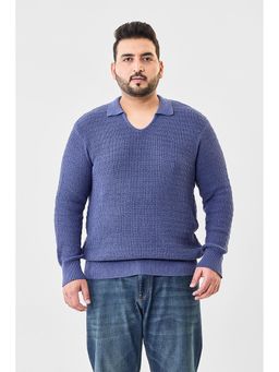 Snitch - Blue Cotton Blend Full Sleeves Relaxed Polo T-Shirt