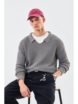 Snitch - Grey Cotton Blend Full Sleeves Relaxed Polo T-Shirt