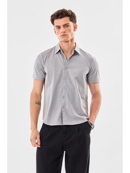 Snitch - Grey Cotton Blend Half Sleeves Regular Button Fly Shirt