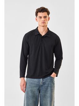 Snitch - Black Polyester Blend Full Sleeves Slim Button Fly Polo T-Shirt