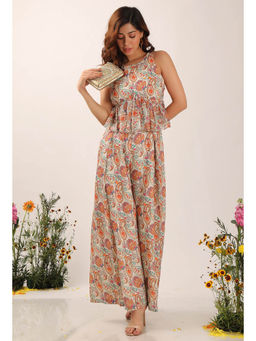Tjori - Amala Floral Chintz Peplum Jumpsuit with Back tie Up Details