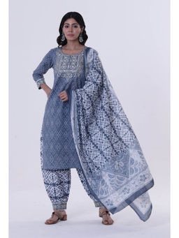 Tjori - Blue & White Printed Cotton Dupatta