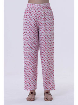 Tjori - White Cotton Printed with Red Motif Pant