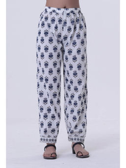 Tjori - Blue Motif White Cotton Pant