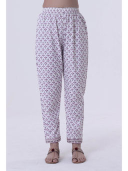 Tjori - Dusty White Lavender Motif White Cotton Pant
