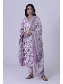 Tjori - Dusty Mauve Motif White Cotton Dupatta