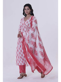 Tjori - White Red Cotton Dupatta with Pink Motif