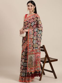 Vastranand - Black Block Kalamkari Print Sequence Weaving Party Wear Saree with Unstitched Blouse