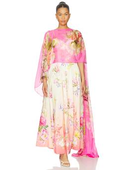 HEMANT AND NANDITA - Ruched Cape Women's Floral Print Maxi Dress Pink