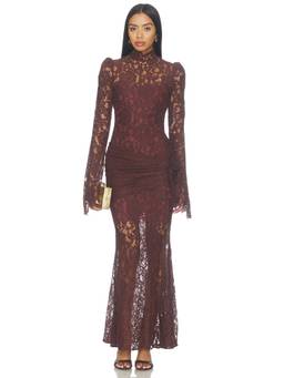 DE LA VALI - Bodita Women's Guipure Lace Long Sleeve Maxi Dress Brown