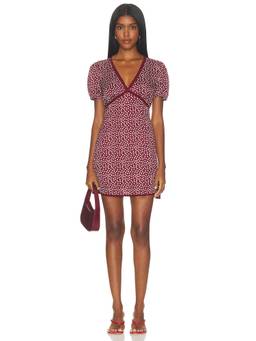 Good American - Woven Women's Polka Dot Lace Trim V-Neck Mini Dress Burgundy