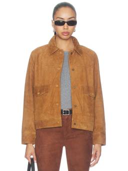 Good American - Suede Boxy Women's Leather Snap Button Jacket Tan