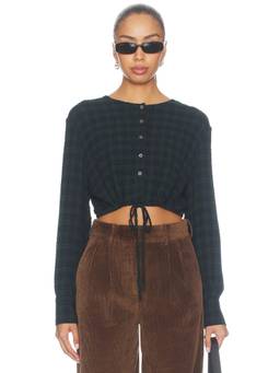 Good American - Crinkle Cinched Women's Plaid Button Down Crop Top Green
