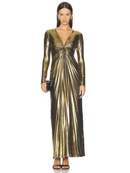 Georgia Hardinge - Novalite Women's Metallic Pleated V-Neck Maxi Dress Gold