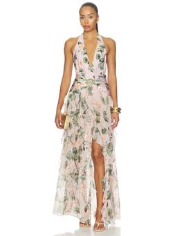 PatBO - Lotus Plunge Women's Halter Ruffled Maxi Dress Pink