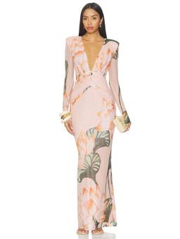 PatBO - Lotus Women's Floral Plunging Long Sleeve Maxi Dress Pink