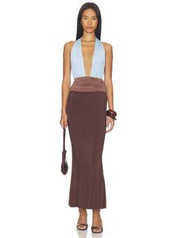 Tiger Mist - Jenni Women's Plunge Halter Maxi Dress Multi-Color