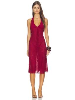 Tiger Mist - Ash Women's Halter Neck Ruffled Sheer Midi Dress Red