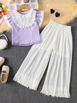 Hopscotch - Girls Lavender and White Lace Embellished Blouse Pant