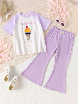 Hopscotch - Girls Purple and White Text Print T-Shirt Pant