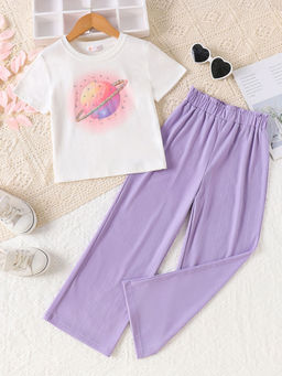 Hopscotch - Girls White and Purple Graphic Print T-Shirt Pant