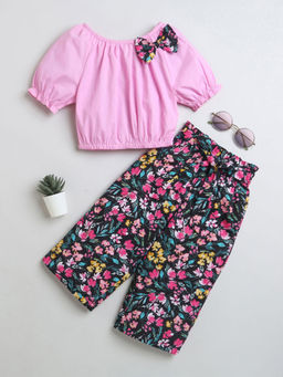 Hopscotch - Girls Pink and Black Floral Print Puff Sleeve Blouse Pant