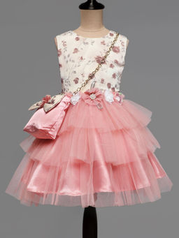 Hopscotch - Girls Beige and Pink Floral Print Tiered Party Dress with Bag